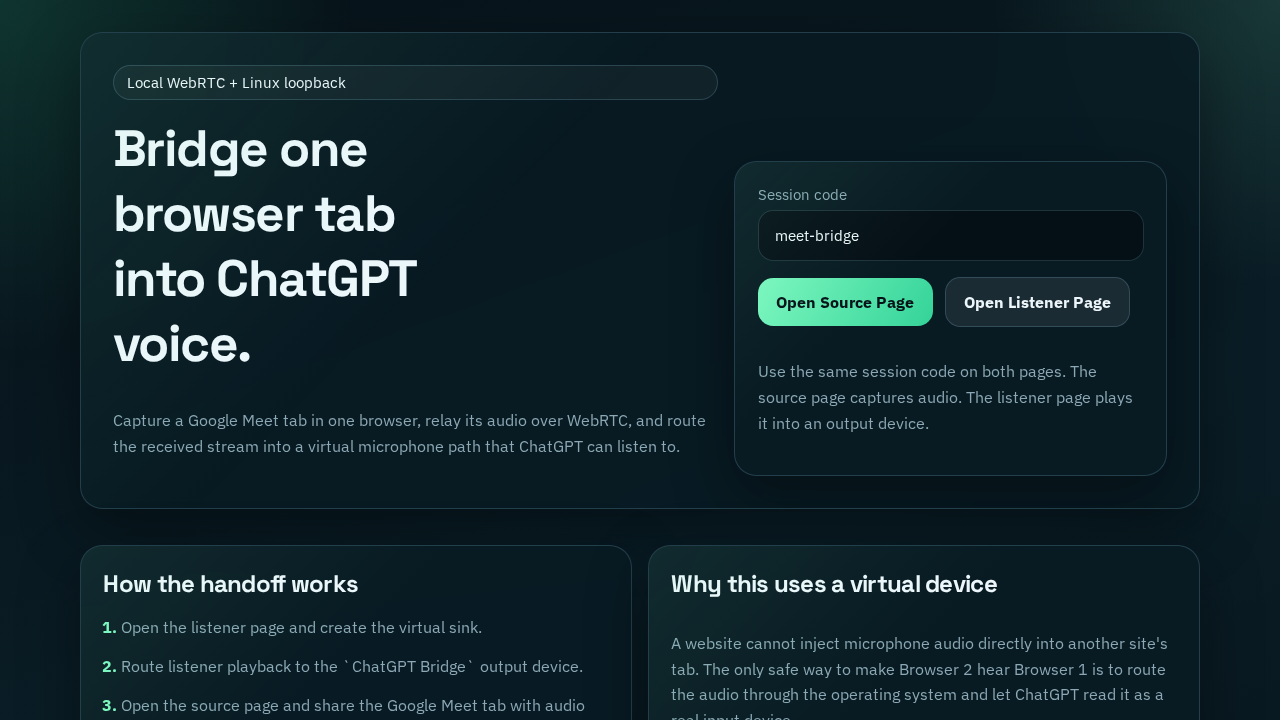 Browser Audio Bridge handoff interface