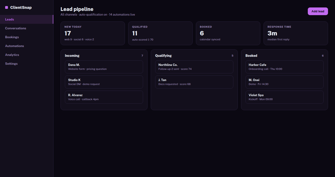 ClientSnap dashboard and automation system preview